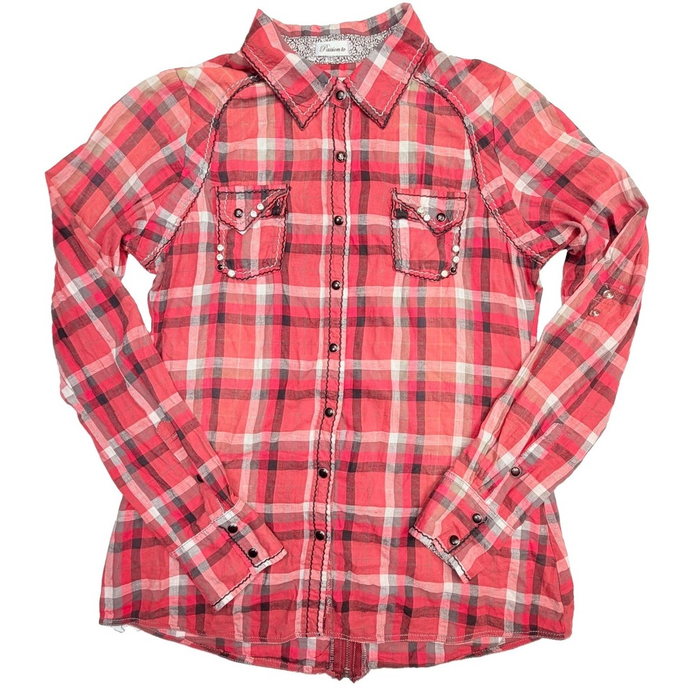 Roar Victorian Plaid Western Shirt Pink Embellished Snap Front Women's Large